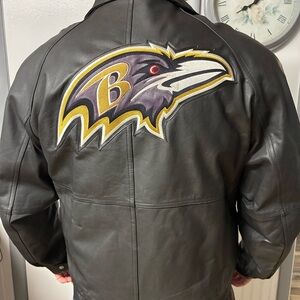 RAVENS Black Leather Bomber Jacket with Embroidered Logo by Jeff Hamilton